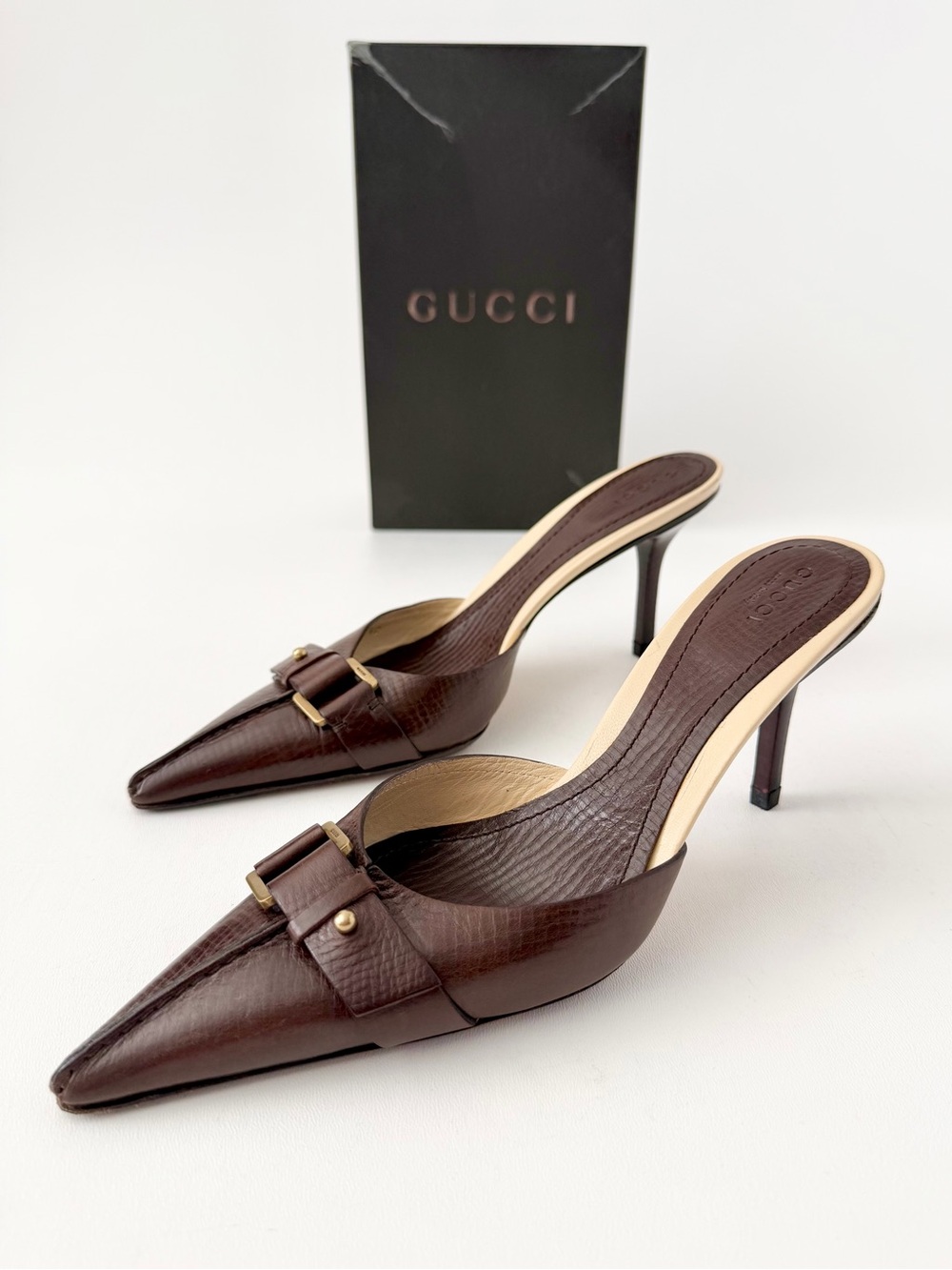 GUCCI | Y2K Vintage Brown Leather Buckle Pointed Toe Mules EU 38.5